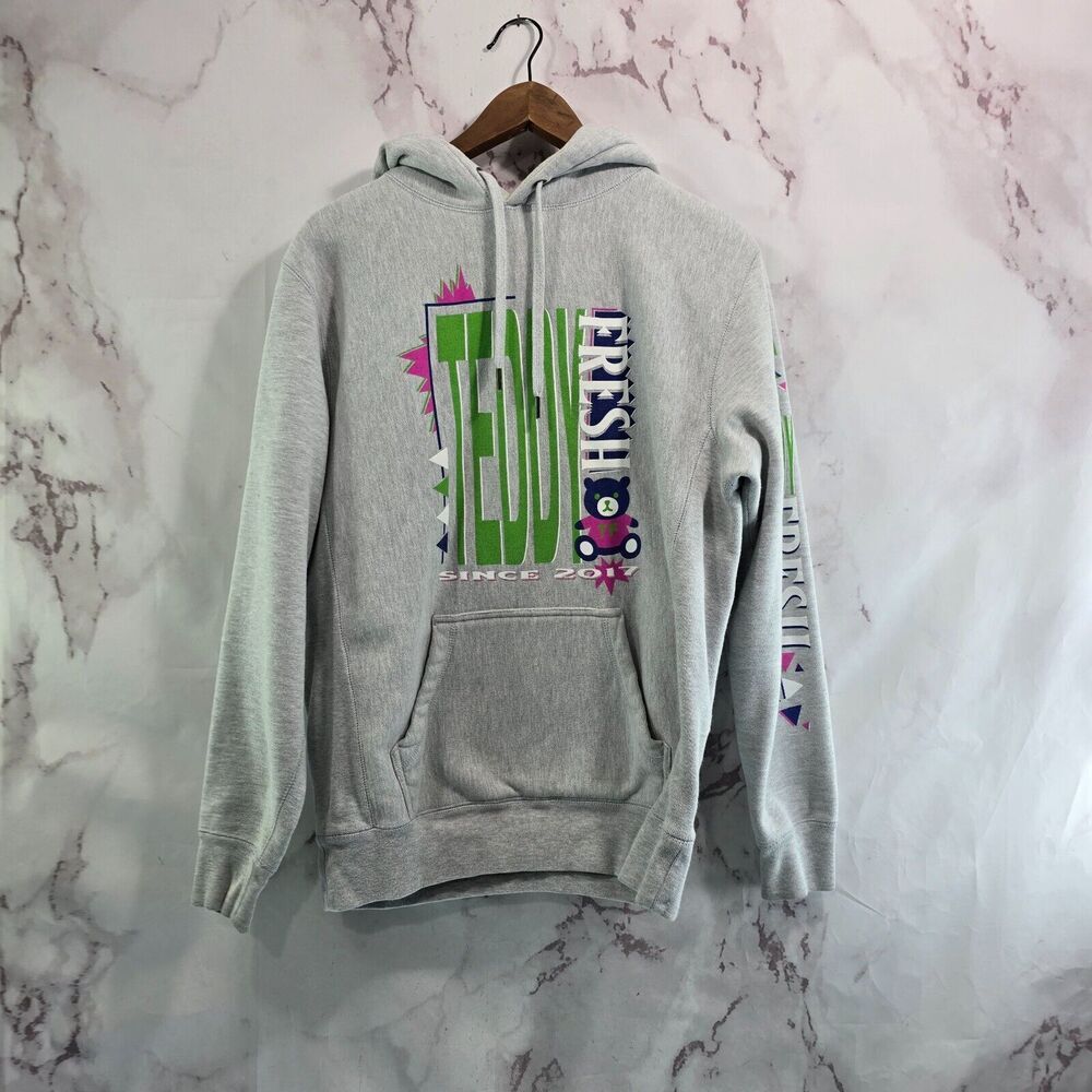 Teddy Fresh Hoodie Mens Small Gray Pullover Sweatshirt Green Purple 2017